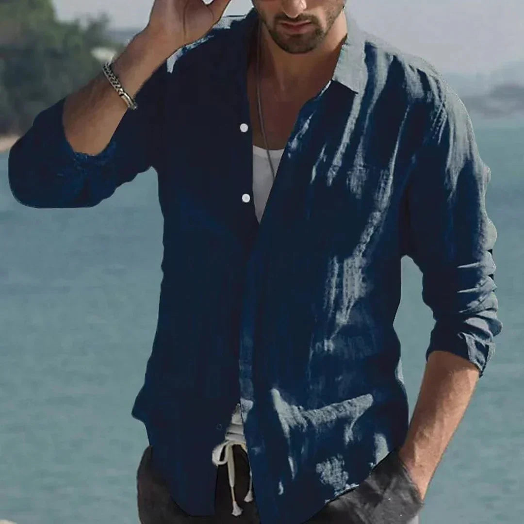 Chemise vintage en lin uni à col rabattu