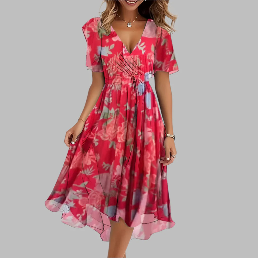 Robe mi-longue élégante à fleurs et fronces pour femme
