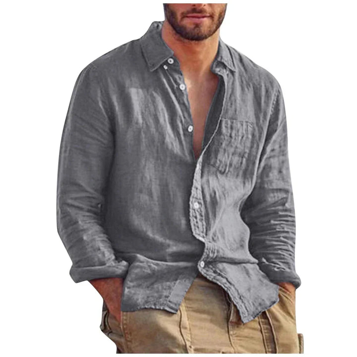Chemise vintage en lin uni à col rabattu