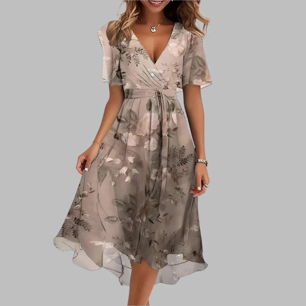 Robe mi-longue élégante à fleurs et fronces pour femme