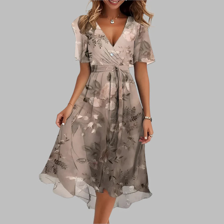 Robe mi-longue élégante à fleurs et fronces pour femme
