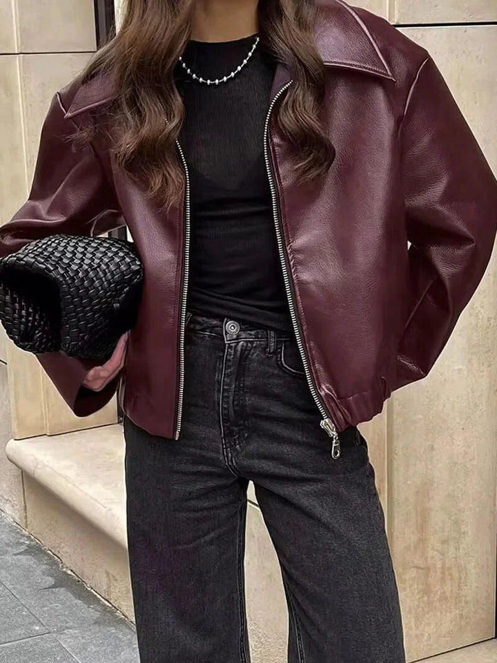 Veste en similicuir bordeaux pour femme