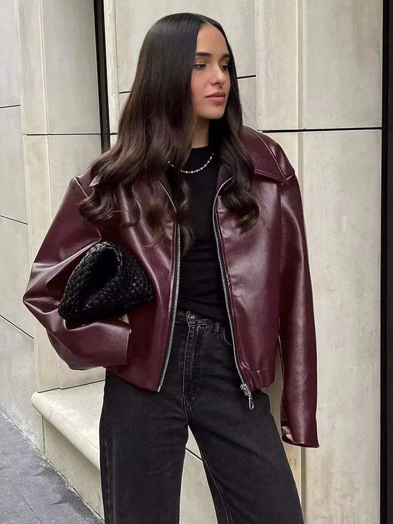 Veste en similicuir bordeaux pour femme