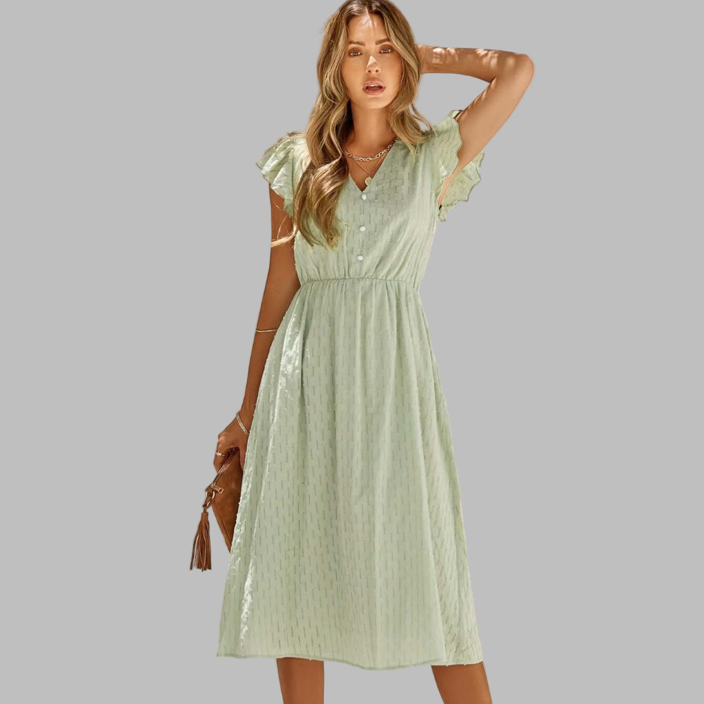 Robe mi-longue fluide à volants et col en V pour femme