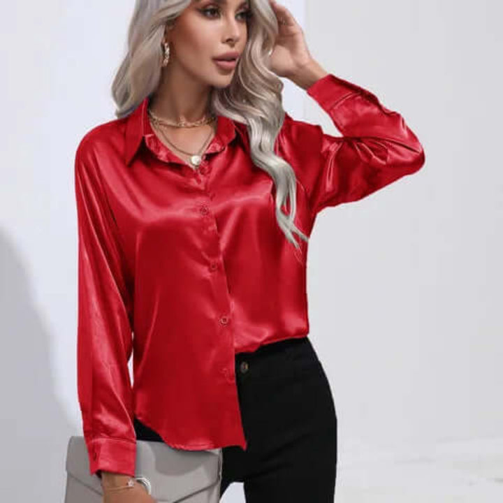 Chemisier ample à manches longues en satin pour femme