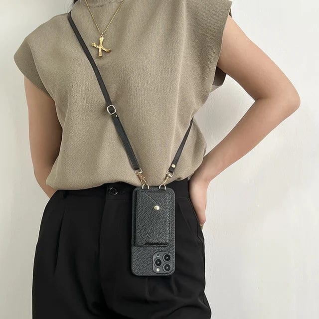 Étui en cuir pour téléphone portable avec cordon pour clés et porte-cartes