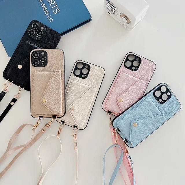 Étui en cuir pour téléphone portable avec cordon pour clés et porte-cartes