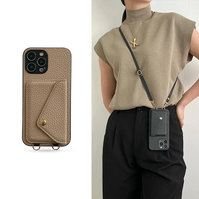 Étui en cuir pour téléphone portable avec cordon pour clés et porte-cartes