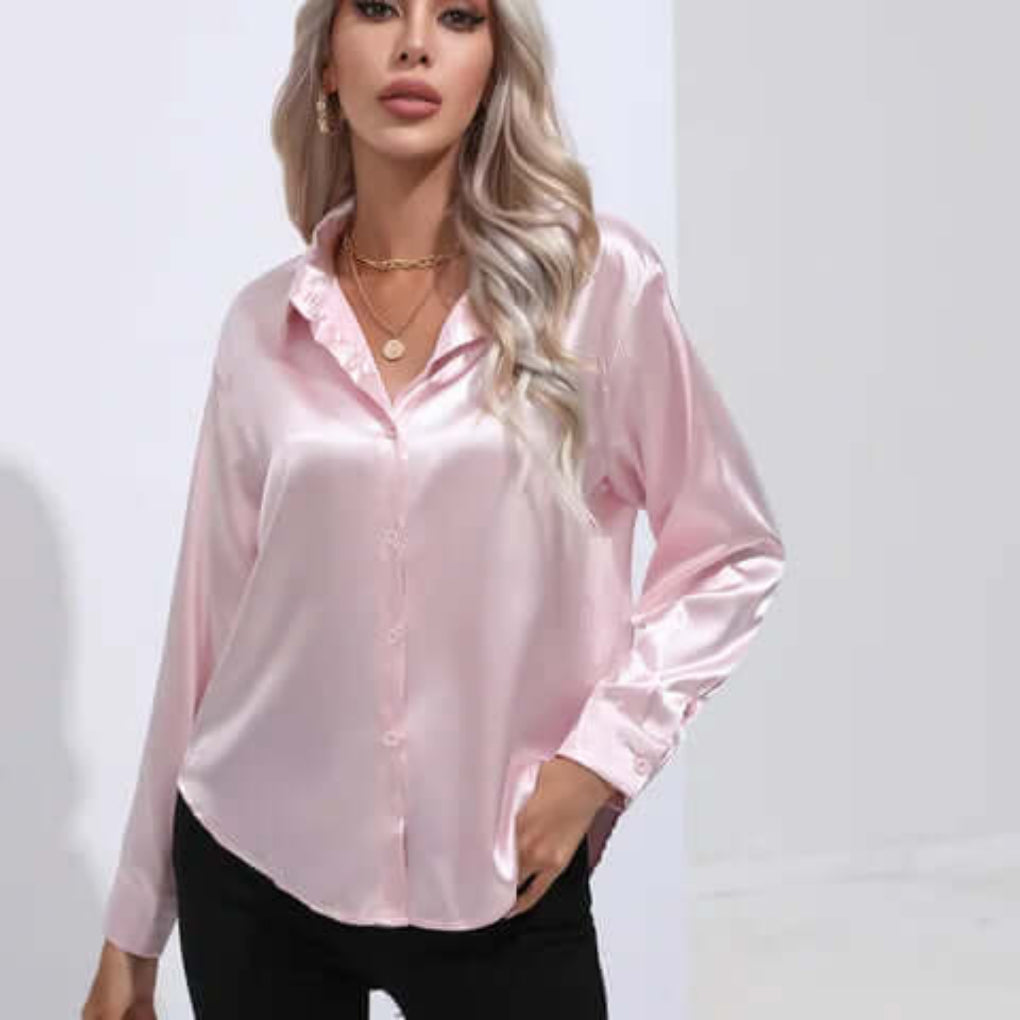 Chemisier ample à manches longues en satin pour femme