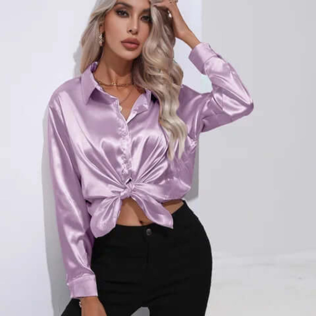 Chemisier ample à manches longues en satin pour femme