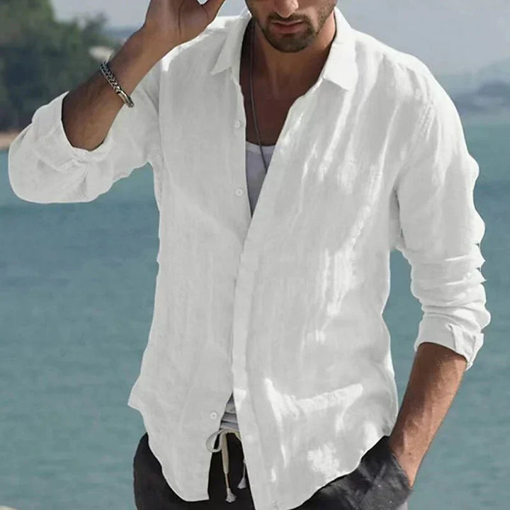 Chemise vintage en lin uni à col rabattu