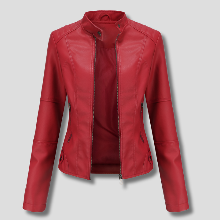 Veste de moto en cuir rouge ajustée pour femme