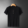 T-shirt d'été en coton-lin pour hommes avec col en V et boutons élégants