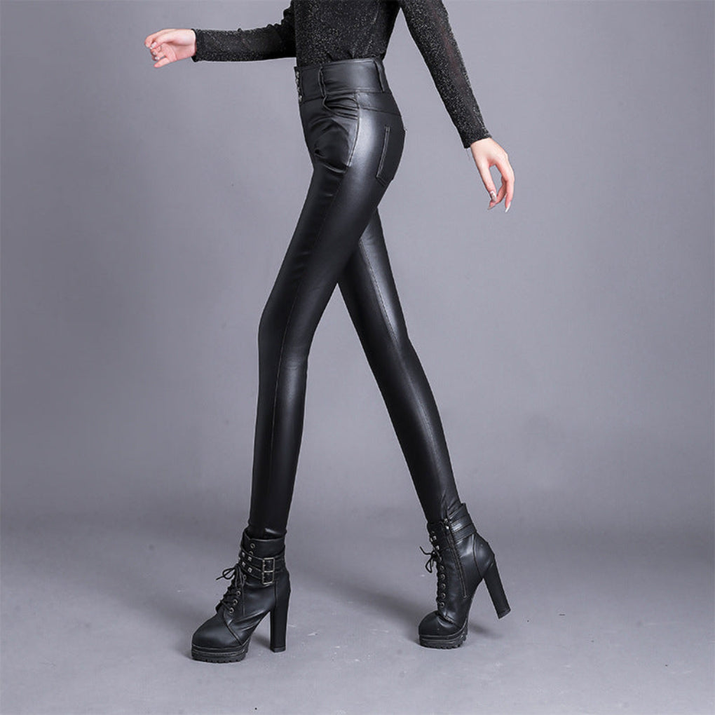 Pantalon élégant en cuir PU taille haute pour femme