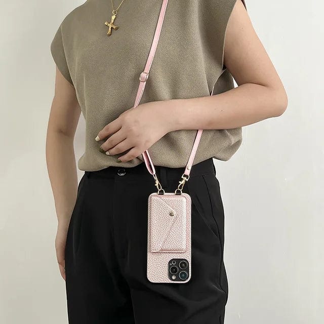 Étui en cuir pour téléphone portable avec cordon pour clés et porte-cartes