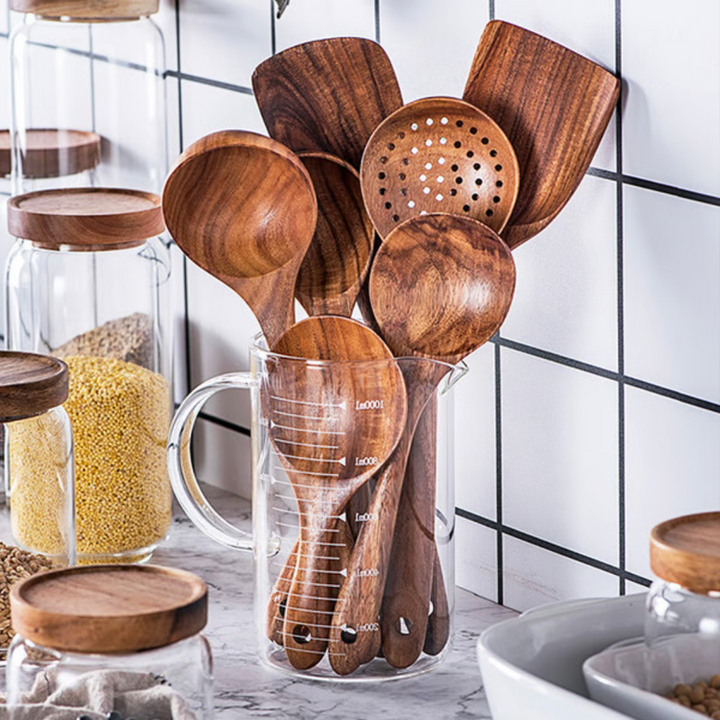 Ustensiles de cuisine en bois de teck naturel de qualité supérieure