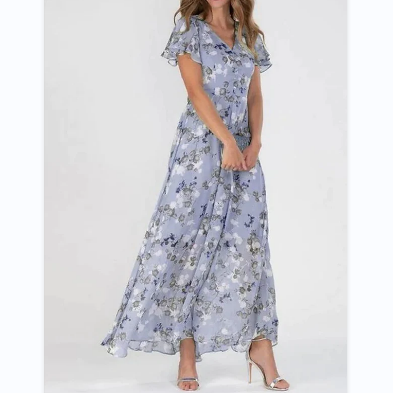 Robe longue à manches papillon et motif floral