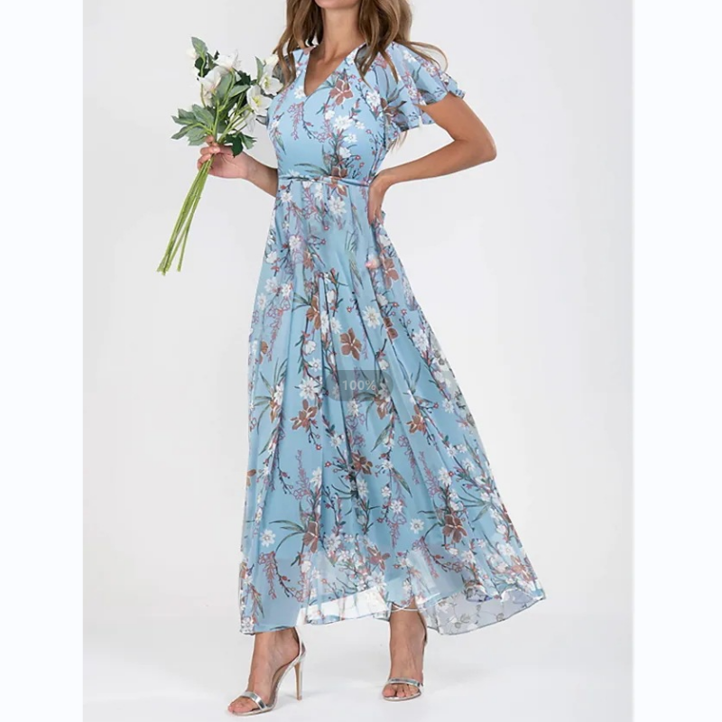 Robe longue à manches papillon et motif floral