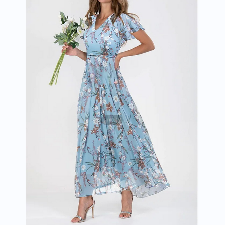 Robe longue à manches papillon et motif floral
