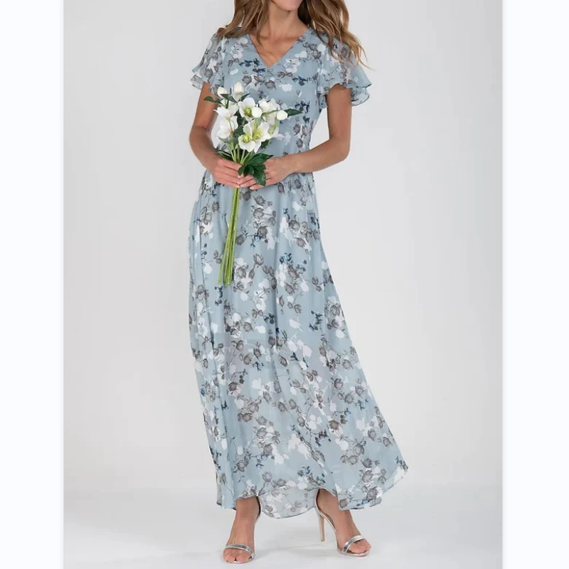 Robe longue à manches papillon et motif floral : Élégance et confort pour l'été