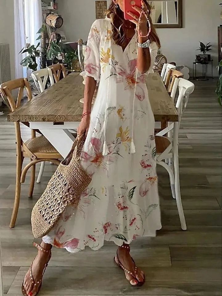 Robe Longue Bohème à Taille Ajustable et Tissu Aérien