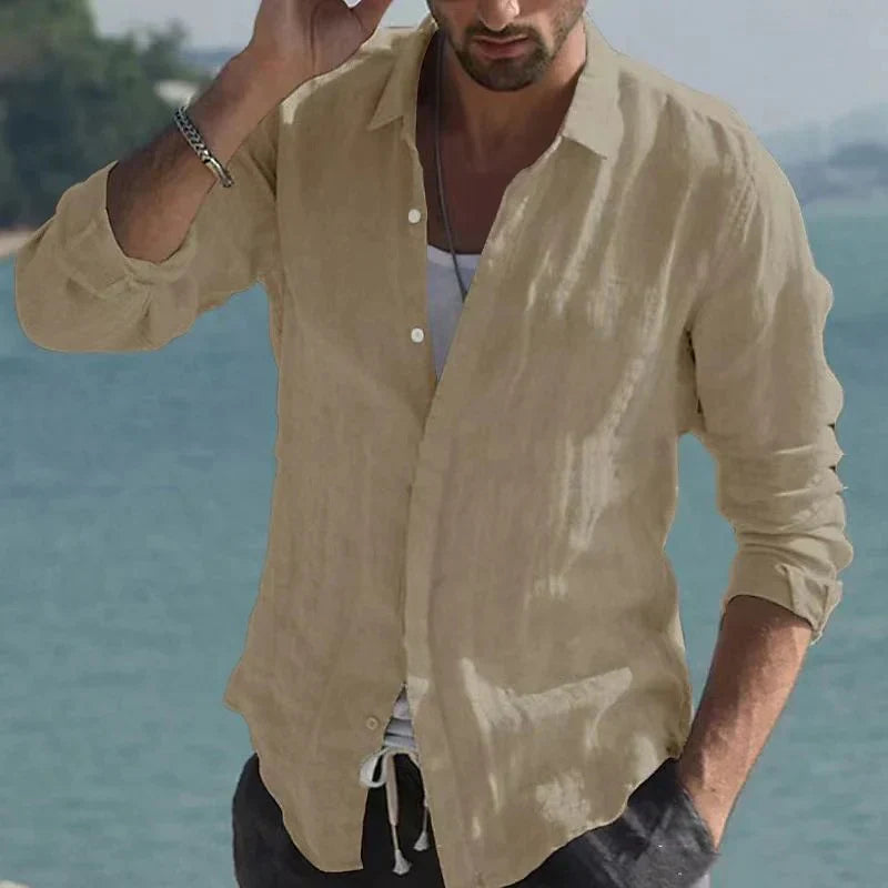 Chemise vintage en lin uni à col rabattu